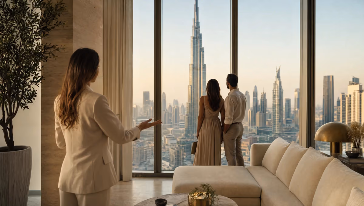 Illustration der Zolia-Website: ein Makler zeigt Kunden eine Wohnung in Dubai